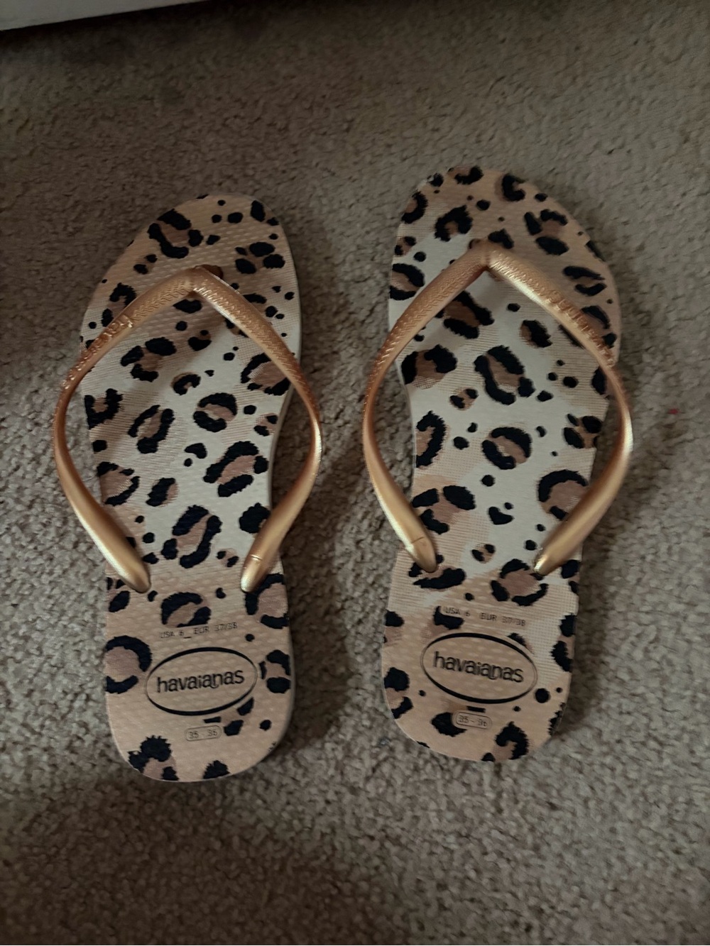 Havaianas Women's Leopard Print Flip Flops with Metallic Gold Straps